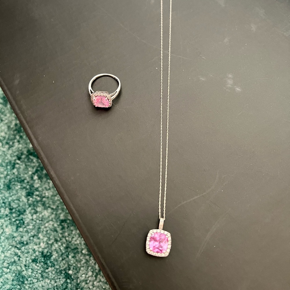 Lab Created Pink & White Sapphire Necklace/Ring Set